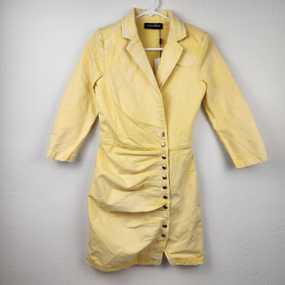 Retrofete Willa Dress in Lemonade Yellow XS Mini 3/4 Sleeves Button NWT Denim - Picture 2 of 12